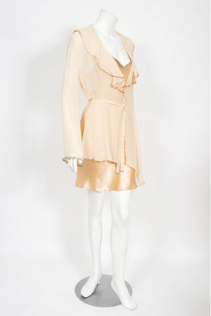 1995 Dolce & Gabbana Rhinestone Peach Silk Bias-Cut Slip Dress w/ Jacket