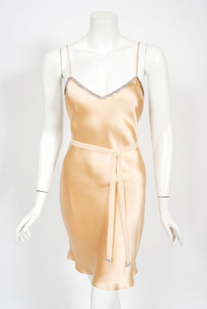 1995 Dolce & Gabbana Rhinestone Peach Silk Bias-Cut Slip Dress w/ Jacket