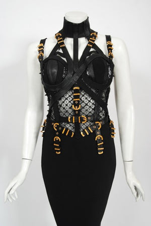 1992 Gianni Versace Couture Documented Black Bondage Silk Leather Gown