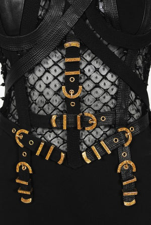 1992 Gianni Versace Couture Documented Black Bondage Silk Leather Gown