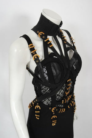 1992 Gianni Versace Couture Documented Black Bondage Silk Leather Gown