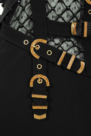 1992 Gianni Versace Couture Documented Black Bondage Silk Leather Gown
