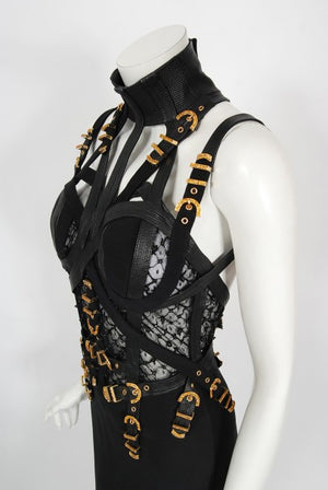 1992 Gianni Versace Couture Documented Black Bondage Silk Leather Gown