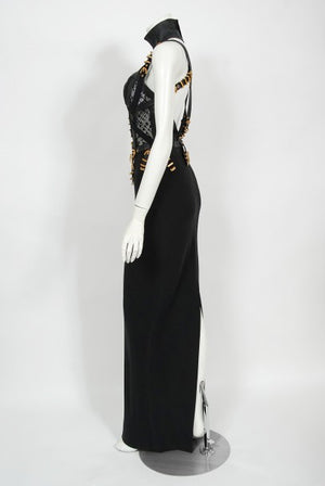 1992 Gianni Versace Couture Documented Black Bondage Silk Leather Gown