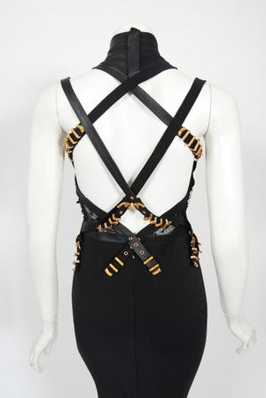 1992 Gianni Versace Couture Documented Black Bondage Silk Leather Gown