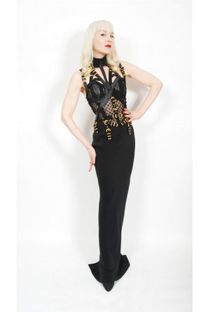1992 Gianni Versace Couture Documented Black Bondage Silk Leather Gown