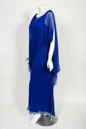 1967 Givenchy Haute Couture Cobalt Blue Draped Silk Chiffon Caftan Gown