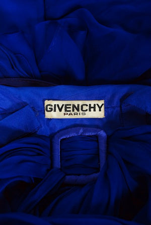 1967 Givenchy Haute Couture Cobalt Blue Draped Silk Chiffon Caftan Gown