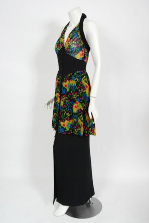 1970’s Molyneux Haute Couture Colorful Floral Silk Black Crepe Halter Gown