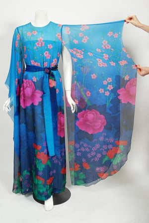 1976 Hanae Mori Couture Floral Silk Chiffon Belted Kimono-Sleeve Gown