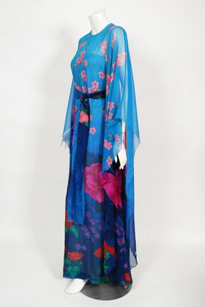 1976 Hanae Mori Couture Floral Silk Chiffon Belted Kimono-Sleeve Gown