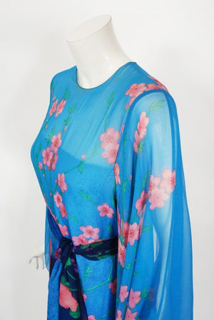1976 Hanae Mori Couture Floral Silk Chiffon Belted Kimono-Sleeve Gown