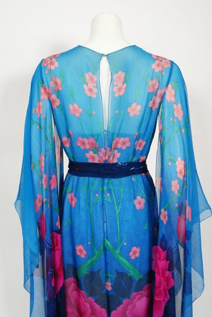 1976 Hanae Mori Couture Floral Silk Chiffon Belted Kimono-Sleeve Gown