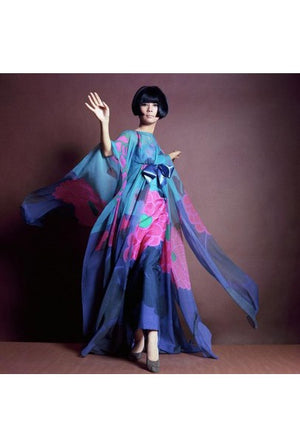 1976 Hanae Mori Couture Floral Silk Chiffon Belted Kimono-Sleeve Gown
