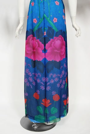 1976 Hanae Mori Couture Floral Silk Chiffon Belted Kimono-Sleeve Gown