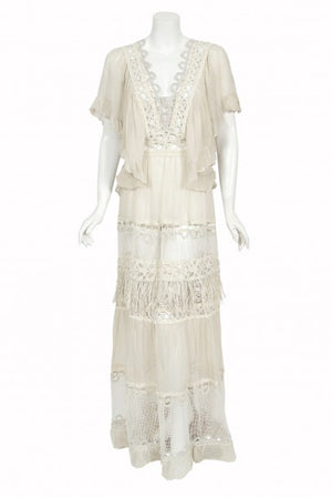 1970's Ivory Mixed Lace Sheer Cotton Bohemian Flutter-Sleeve Bridal Gown