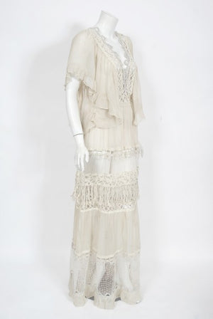 1970's Ivory Mixed Lace Sheer Cotton Bohemian Flutter-Sleeve Bridal Gown