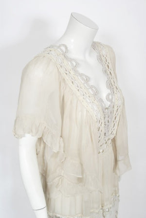 1970's Ivory Mixed Lace Sheer Cotton Bohemian Flutter-Sleeve Bridal Gown