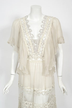 1970's Ivory Mixed Lace Sheer Cotton Bohemian Flutter-Sleeve Bridal Gown