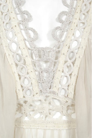 1970's Ivory Mixed Lace Sheer Cotton Bohemian Flutter-Sleeve Bridal Gown