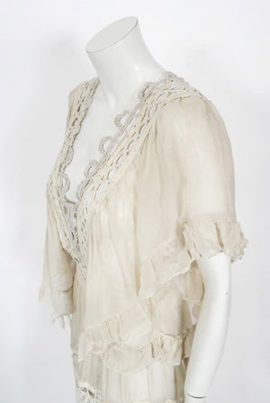 1970's Ivory Mixed Lace Sheer Cotton Bohemian Flutter-Sleeve Bridal Gown