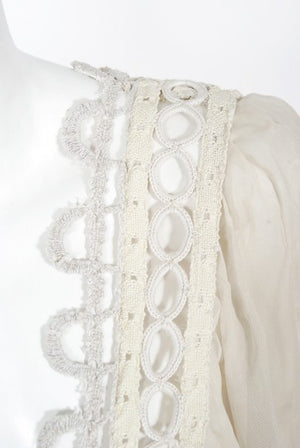 1970's Ivory Mixed Lace Sheer Cotton Bohemian Flutter-Sleeve Bridal Gown