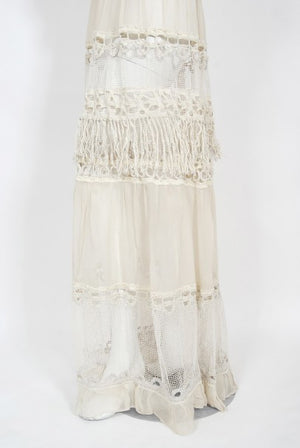 1970's Ivory Mixed Lace Sheer Cotton Bohemian Flutter-Sleeve Bridal Gown