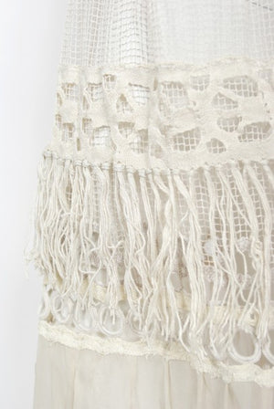 1970's Ivory Mixed Lace Sheer Cotton Bohemian Flutter-Sleeve Bridal Gown