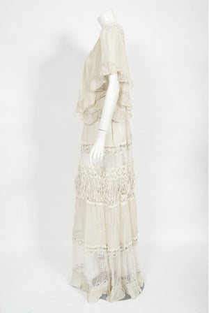 1970's Ivory Mixed Lace Sheer Cotton Bohemian Flutter-Sleeve Bridal Gown