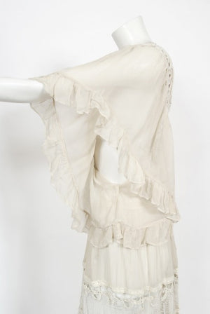 1970's Ivory Mixed Lace Sheer Cotton Bohemian Flutter-Sleeve Bridal Gown