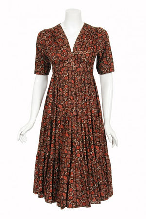 1970's Ossie Clark 'Autumn Leaves' Print Cotton Empire Waist Dress
