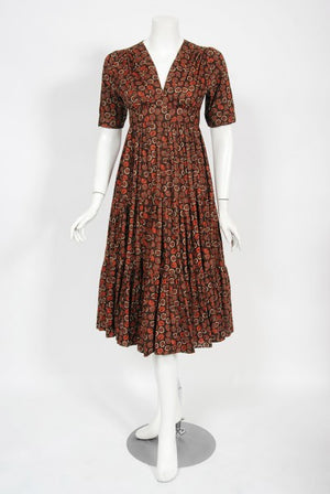 1970's Ossie Clark 'Autumn Leaves' Print Cotton Empire Waist Dress