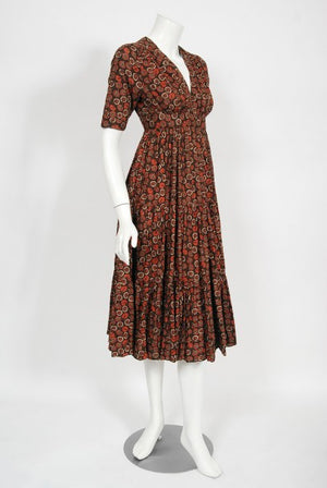 1970's Ossie Clark 'Autumn Leaves' Print Cotton Empire Waist Dress