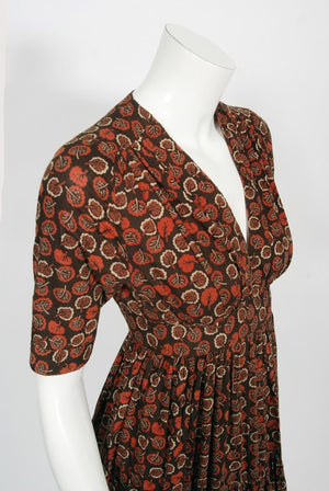 1970's Ossie Clark 'Autumn Leaves' Print Cotton Empire Waist Dress