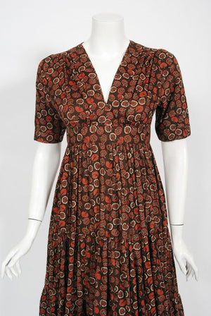 1970's Ossie Clark 'Autumn Leaves' Print Cotton Empire Waist Dress