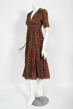 1970's Ossie Clark 'Autumn Leaves' Print Cotton Empire Waist Dress