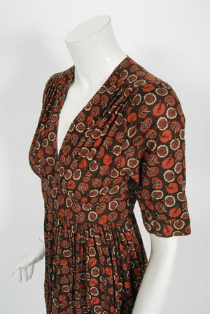 1970's Ossie Clark 'Autumn Leaves' Print Cotton Empire Waist Dress
