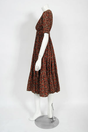 1970's Ossie Clark 'Autumn Leaves' Print Cotton Empire Waist Dress