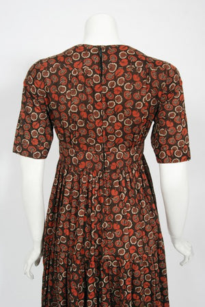 1970's Ossie Clark 'Autumn Leaves' Print Cotton Empire Waist Dress