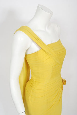 1950's Philip Hulitar Yellow Pleated Silk Chiffon Draped Hourglass Dress
