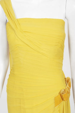 1950's Philip Hulitar Yellow Pleated Silk Chiffon Draped Hourglass Dress