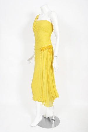 1950's Philip Hulitar Yellow Pleated Silk Chiffon Draped Hourglass Dress