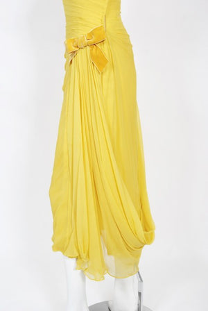 1950's Philip Hulitar Yellow Pleated Silk Chiffon Draped Hourglass Dress