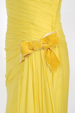 1950's Philip Hulitar Yellow Pleated Silk Chiffon Draped Hourglass Dress