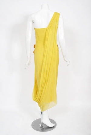 1950's Philip Hulitar Yellow Pleated Silk Chiffon Draped Hourglass Dress