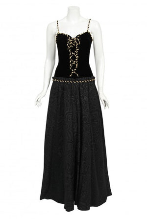 1970's Loris Azzaro Couture Black Gold Silk & Velvet Lace-Up Corset Gown