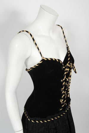 1970's Loris Azzaro Couture Black Gold Silk & Velvet Lace-Up Corset Gown