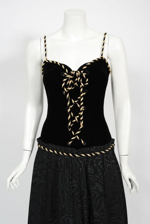 1970's Loris Azzaro Couture Black Gold Silk & Velvet Lace-Up Corset Gown