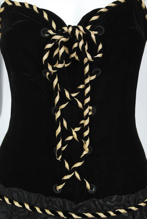 1970's Loris Azzaro Couture Black Gold Silk & Velvet Lace-Up Corset Gown