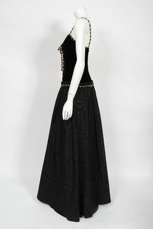 1970's Loris Azzaro Couture Black Gold Silk & Velvet Lace-Up Corset Gown
